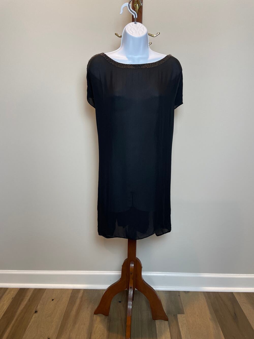 Eileen Fisher Beaded Semi Sheer Tunic Top M Black Silk